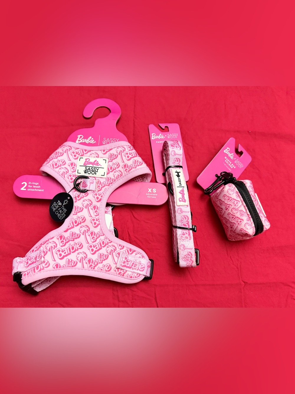 Barbie Pink Fabric Leash, dog belt and with Matching Pink Waste Bag Dispenser